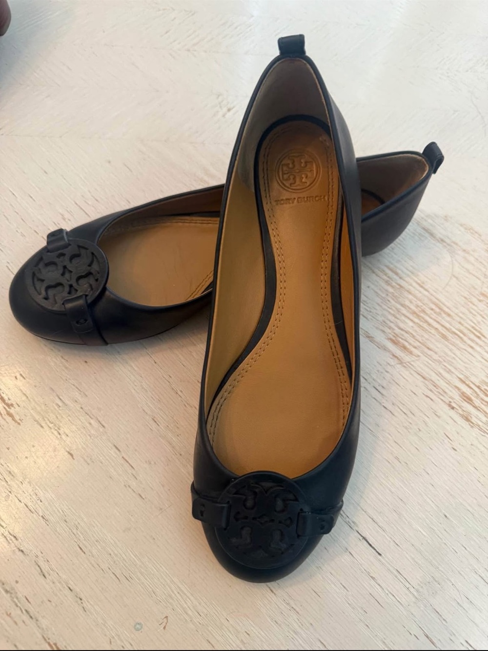 Tory Burch Black Leather Logo Ballet Flats